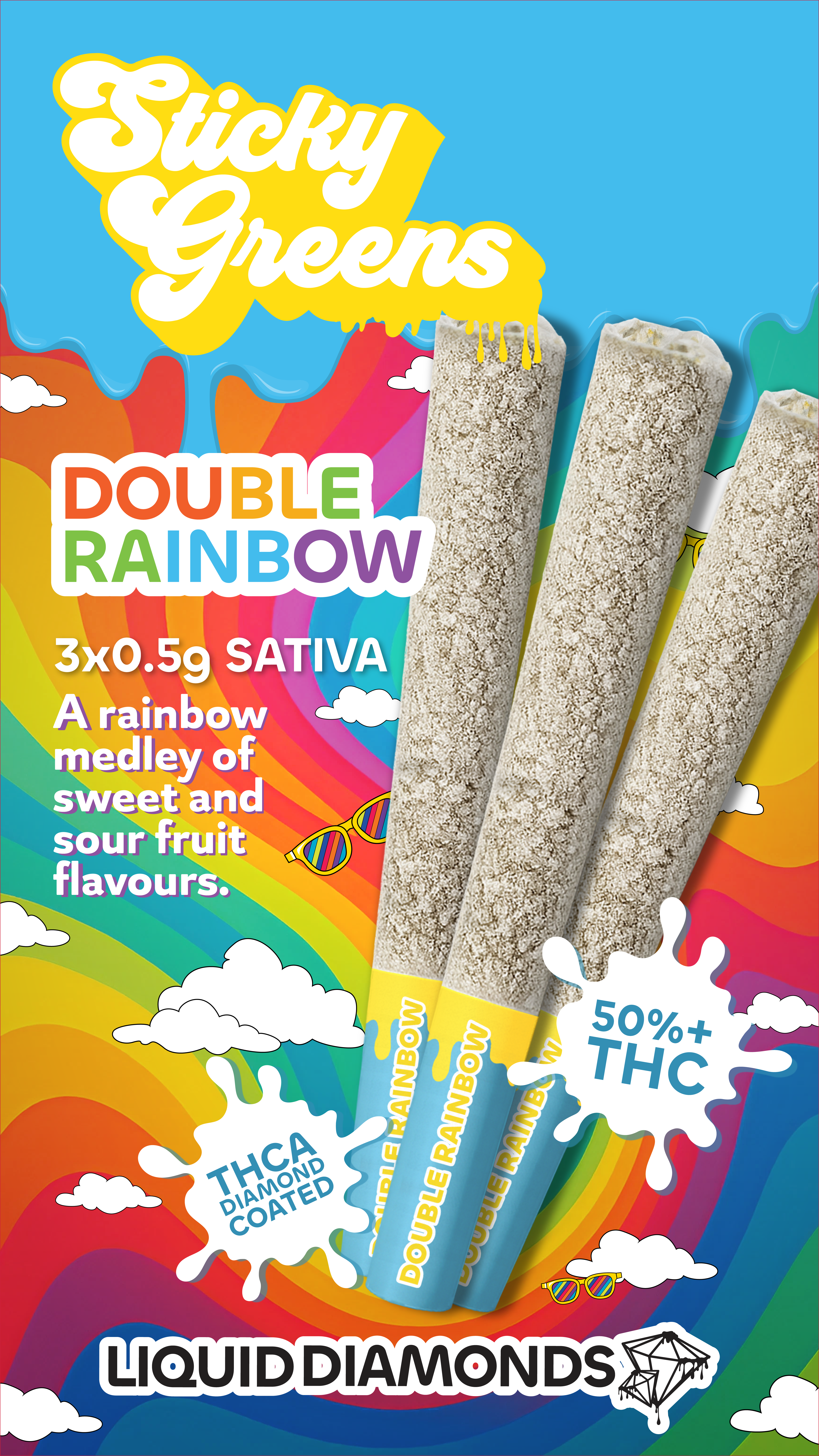 Sticky Greens - Double Rainbow 3 x 0.5g Diamond Coated Liquid Diamond Infused Pre-Rolls